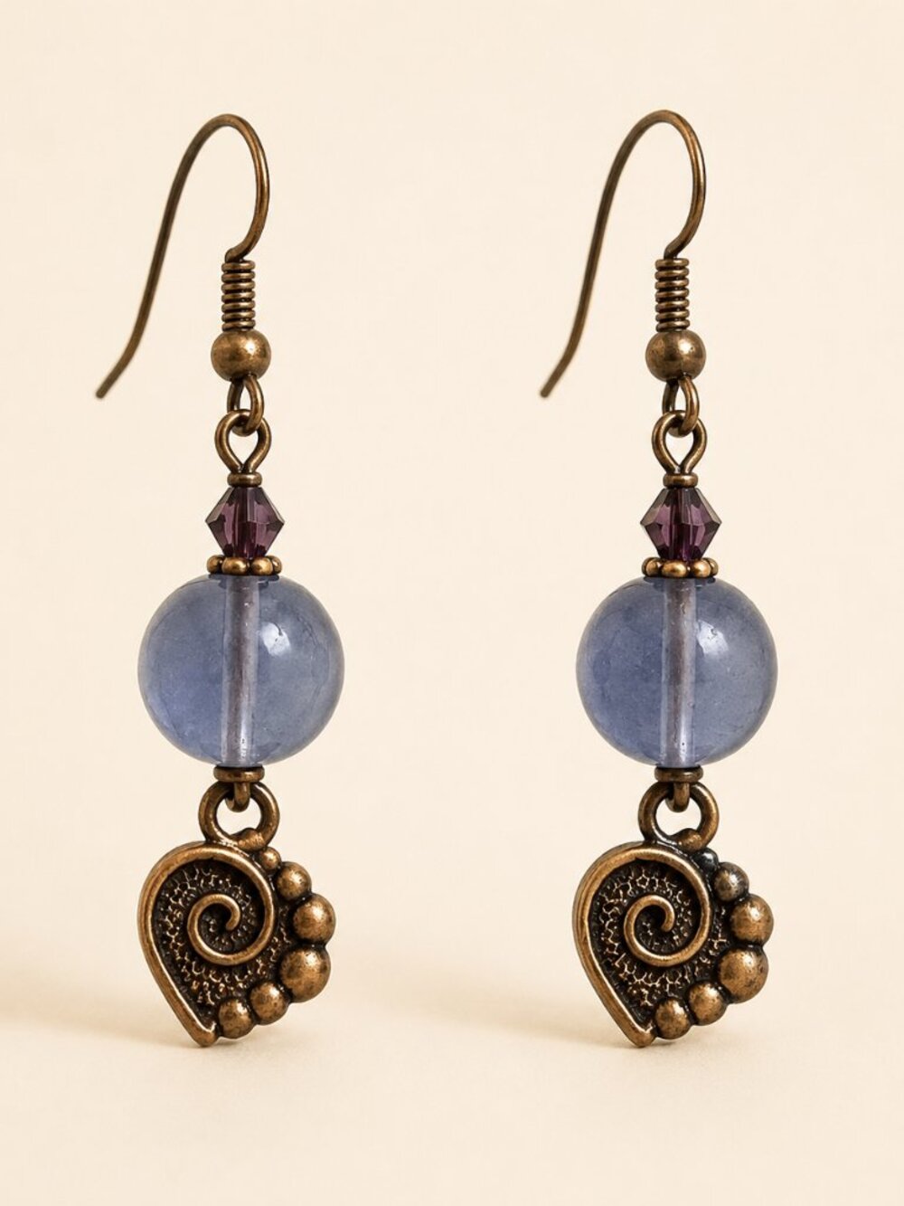 Purple Blue Beaded Spiral Charm Dangle Earrings